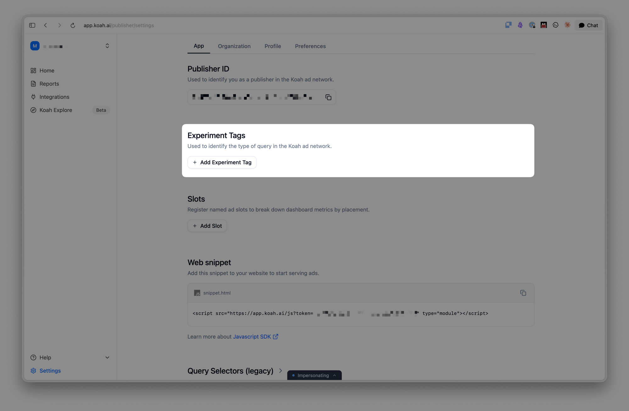 Experiment Tags section in the publisher settings, with an Add Experiment Tag button
