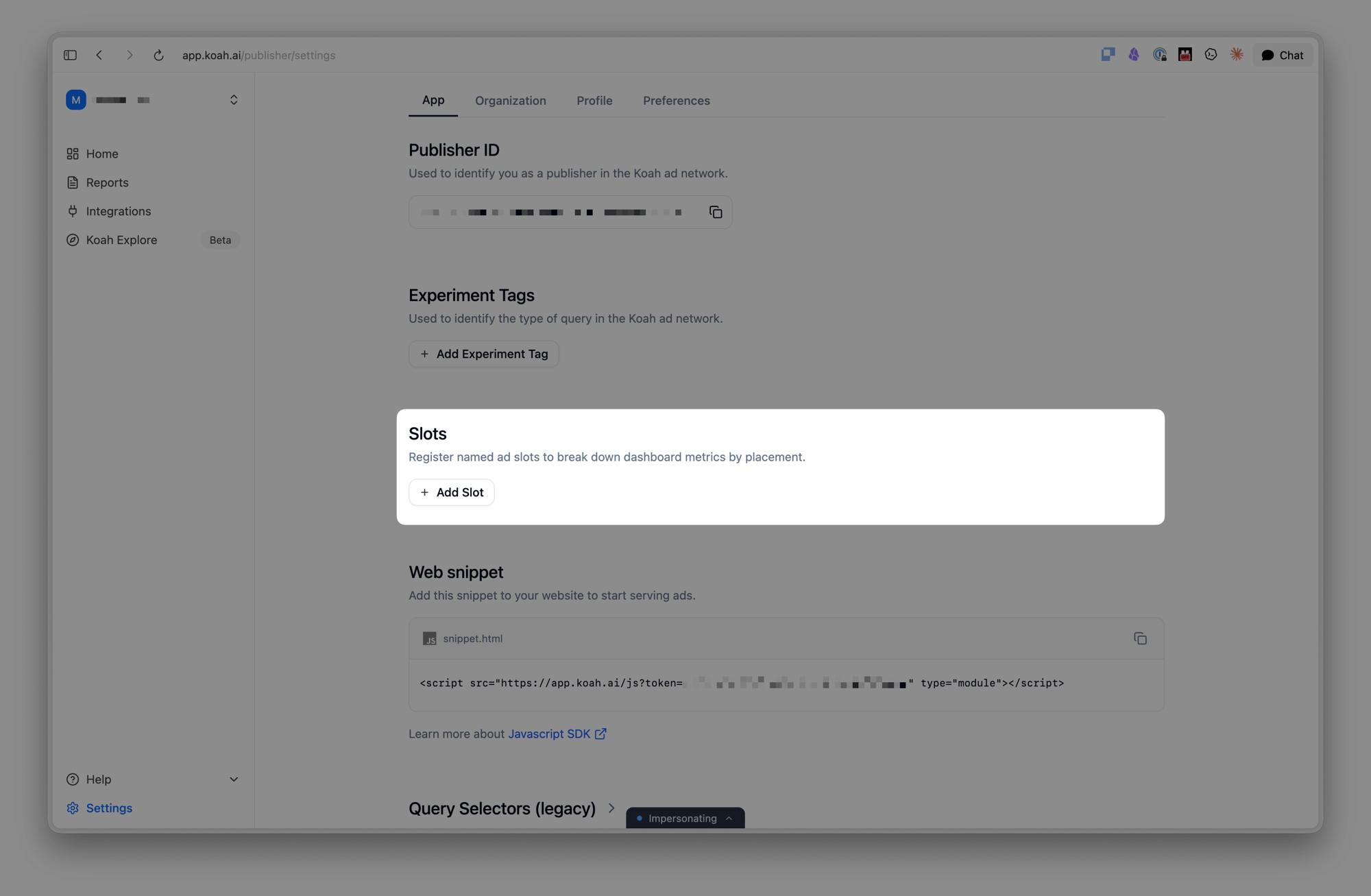 Slots section in the publisher settings, with an Add Slot button